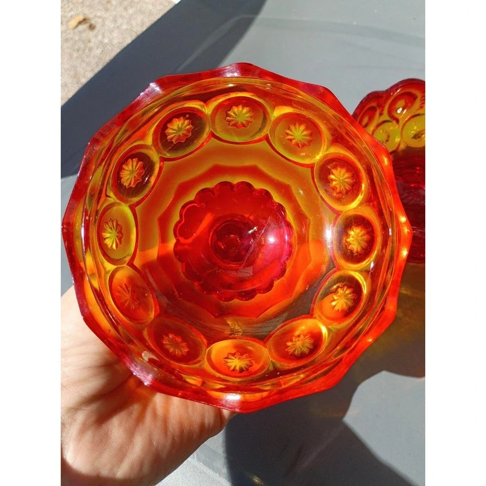 Le Smith Moon & Stars Ruby Red Amberina Glass Candy Jar Dish Cadmium Glow 5